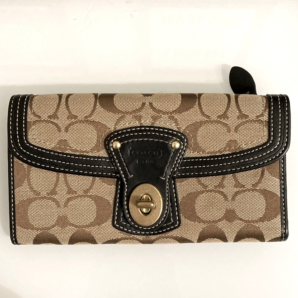 Coach Legacy Signature Canvas Brown Tan Leather TurnLock Wallet